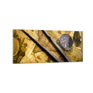 Quadro su vetro - Una mappa del mondo antica con una bussola e un paio di bussole sullo sfondo - 120x50cm - Dove sono questi tesori? - Decorazione murale moderna per soggiorno e camera da letto ARTTOR