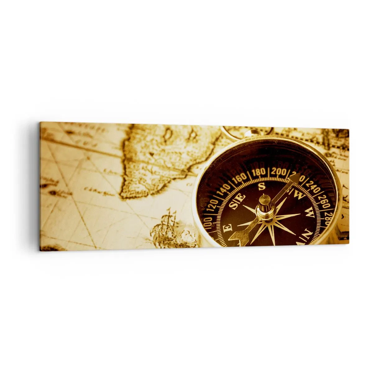 Quadro su tela - Stampe su Tela - Una bussola antica sullo sfondo di una vecchia mappa del mondo - 140x50cm - A est o a ovest? - Decorazione murale moderna per soggiorno e camera da letto ARTTOR