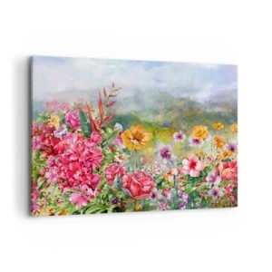 Quadro su tela - Stampe su Tela - Una composizione colorata di fiori su uno sfondo paesaggistico color pastello - 100x70cm - Il giardino impazzito - Decorazione murale moderna per soggiorno e camera da letto ARTTOR