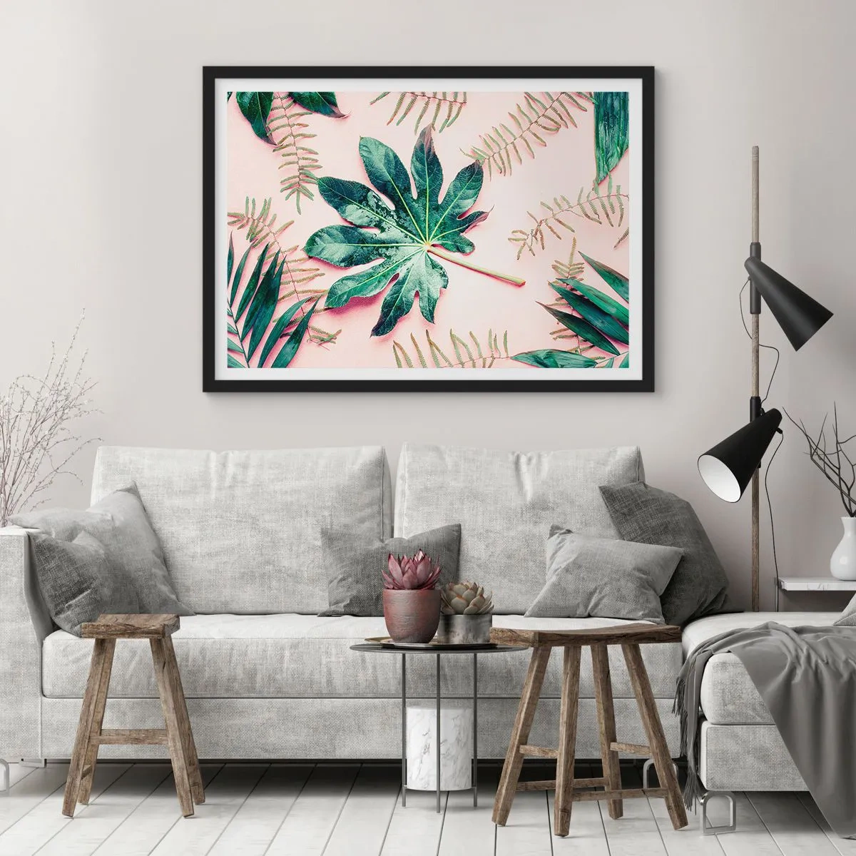 Poster in cornice nera - Foglie tropicali su uno sfondo pastello chiaro - 100x70cm - Studio di verde su sfondo rosa - Decorazione murale moderna per soggiorno e camera da letto ARTTOR