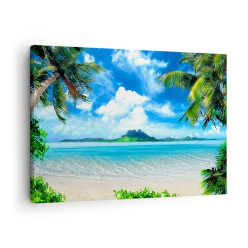 Quadro su tela - Stampe su Tela - Spiaggia tropicale con palme e vista sull'isola - 70x50cm - L'azzurro dei tropici - Decorazione murale moderna per soggiorno e camera da letto ARTTOR