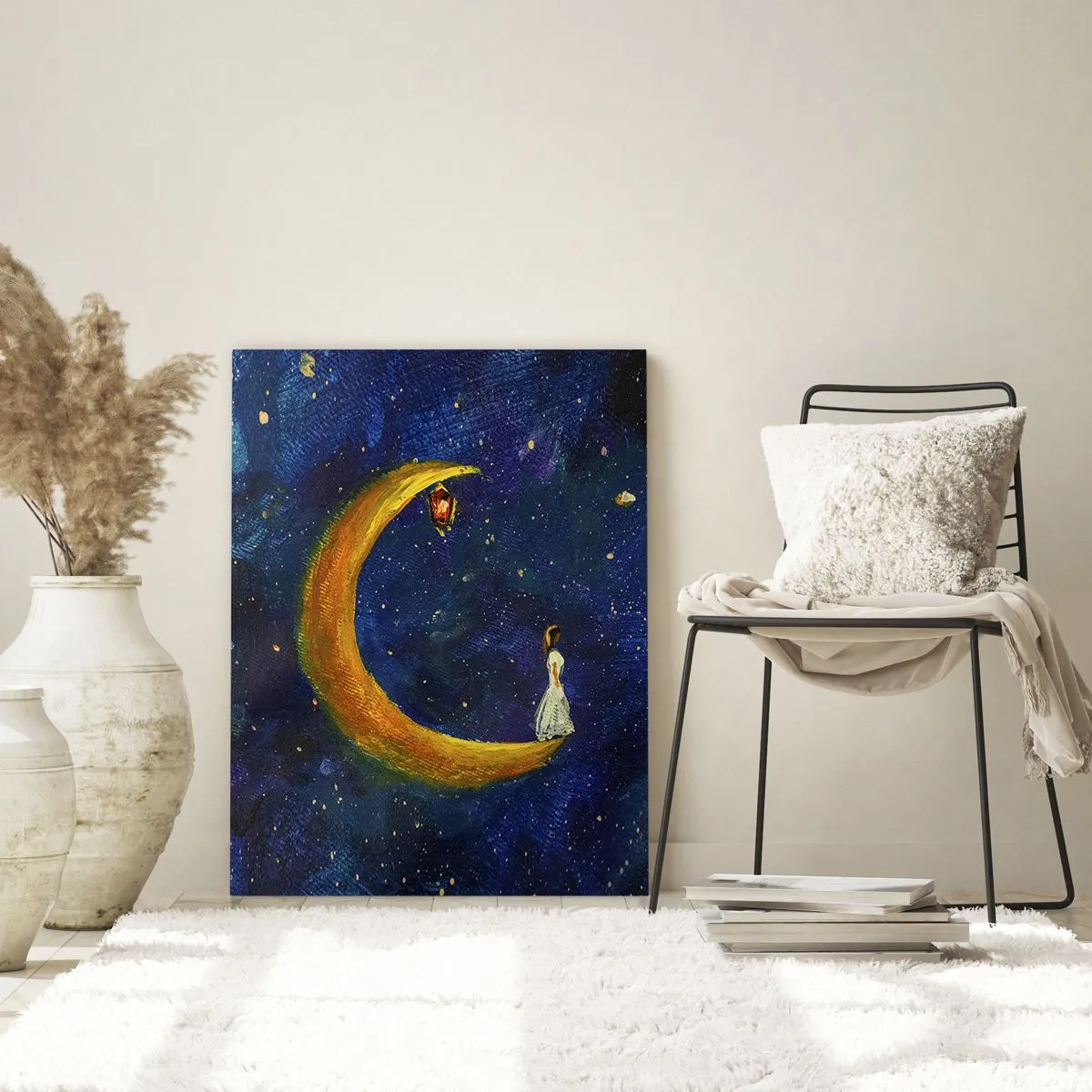 Quadro su vetro - Una ragazza in piedi sulla luna in un cielo stellato - 70x100cm - Il richiamo del mondo - Decorazione murale moderna per soggiorno e camera da letto ARTTOR