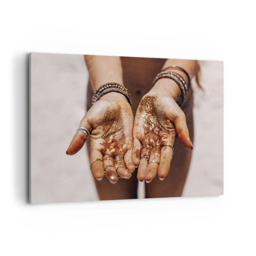 Quadro su tela - Stampe su Tela - Primo piano di mani con glitter in tonalità calde - 120x80cm - Un dono per te - Decorazione murale moderna per soggiorno e camera da letto ARTTOR