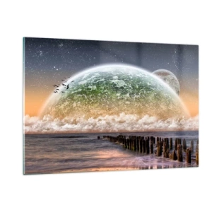 Quadro su vetro - Tramonto sul pianeta e sull'oceano - 120x80cm - E il mondo emerse dalle acque - Decorazione murale moderna per soggiorno e camera da letto ARTTOR