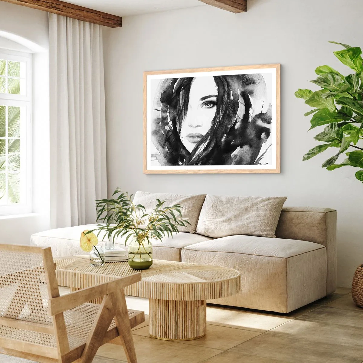 Poster in cornice rovere chiaro - Ritratto di donna in bianco e nero - 91x61 cm