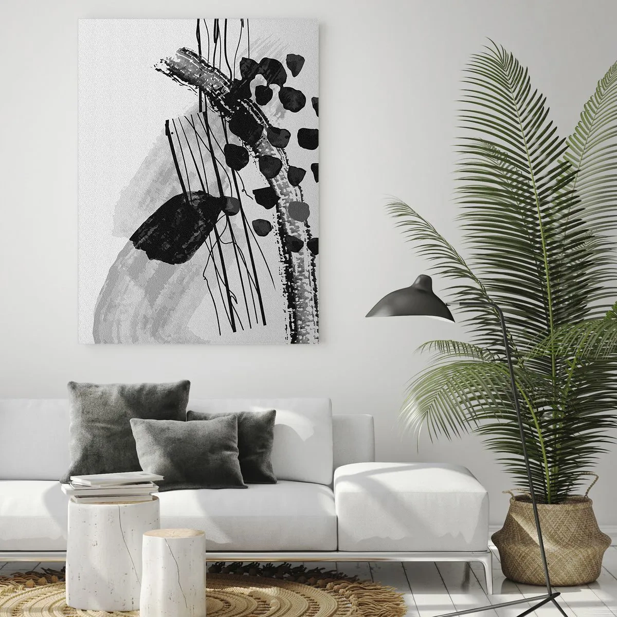 Quadro su vetro - Astrazione in bianco e nero con forme e linee organiche - 50x70cm - Astrazione organica in bianco e nero - Decorazione murale moderna per soggiorno e camera da letto ARTTOR