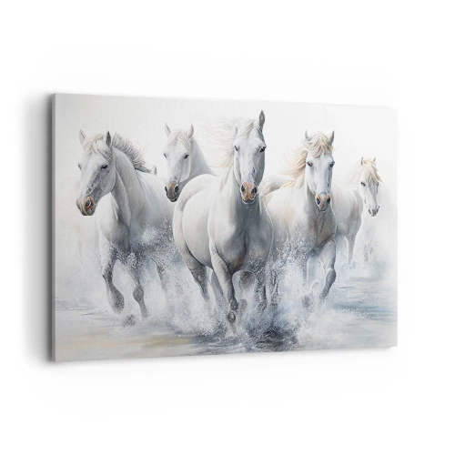 Quadro su tela - Stampe su Tela - Cavalli bianchi che galoppano nell'acqua - 120x80cm - Magia bianca - Decorazione murale moderna per soggiorno e camera da letto ARTTOR