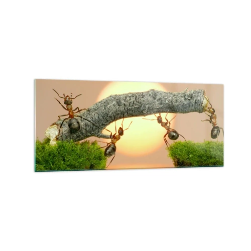 Quadro su vetro - Formiche che costruiscono un ponte di rami sullo sfondo del sole al tramonto. - 120x50cm - Gioioso lavoro comune - Decorazione murale moderna per soggiorno e camera da letto ARTTOR