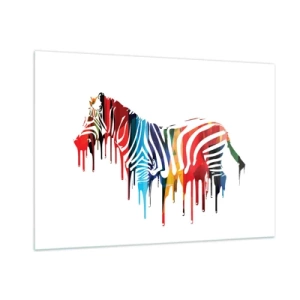 Quadro su vetro - Una zebra colorata in forma astratta con effetto vernice gocciolante. - 100x70cm - Non solo bianco e nero - Decorazione murale moderna per soggiorno e camera da letto ARTTOR