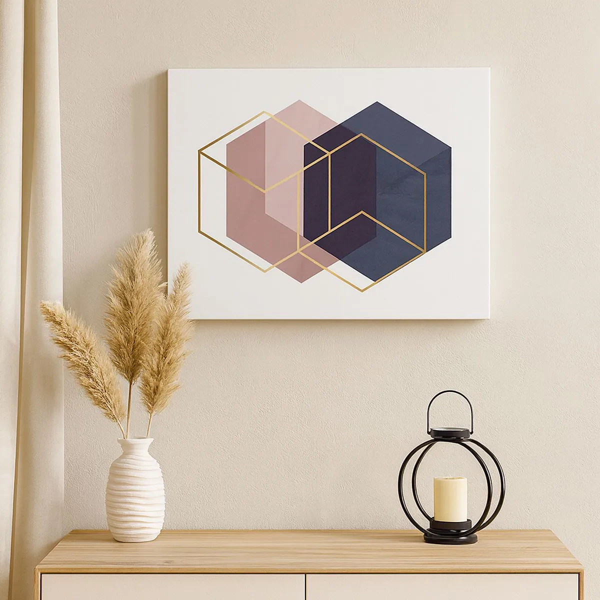 Quadro su tela - Stampe su Tela - Forme geometriche in linee dorate su uno sfondo pastello - 70x50cm - La forza della semplicità - Decorazione murale moderna per soggiorno e camera da letto ARTTOR