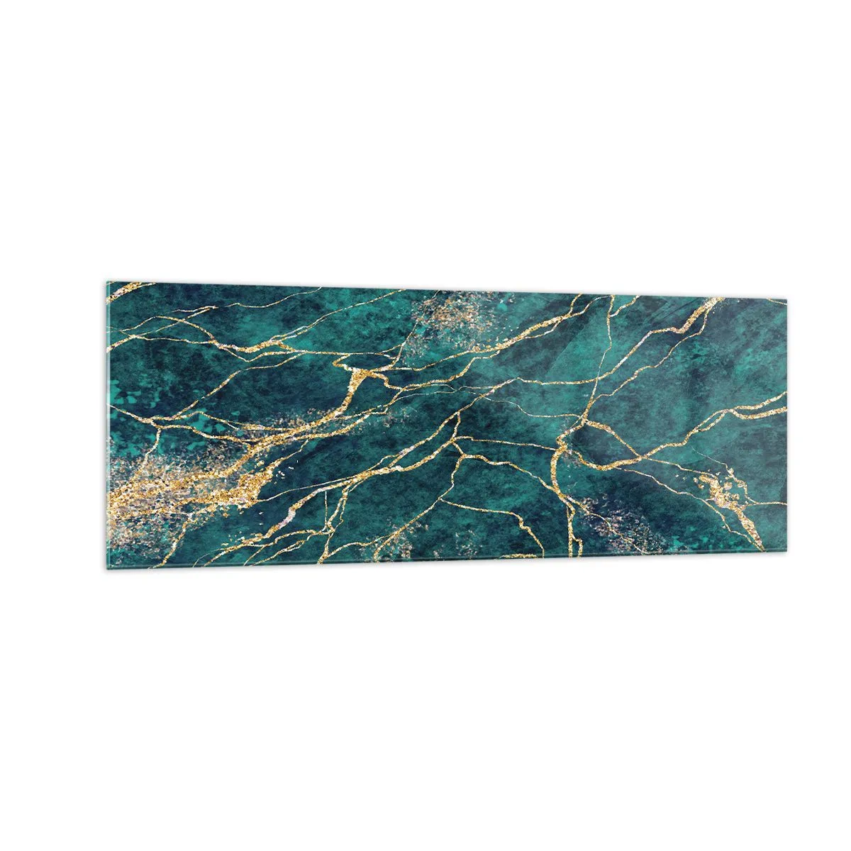 Quadro su vetro - Motivo marmoreo strutturato nelle tonalità del turchese e dell'oro - 140x50cm - La vena d'oro - Decorazione murale moderna per soggiorno e camera da letto ARTTOR