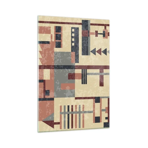 Quadro su vetro - Motivo geometrico nei toni pastello del beige, rosso e grigio - 80x120cm - Combinazione di orizzontali e verticali - Decorazione murale moderna per soggiorno e camera da letto ARTTOR