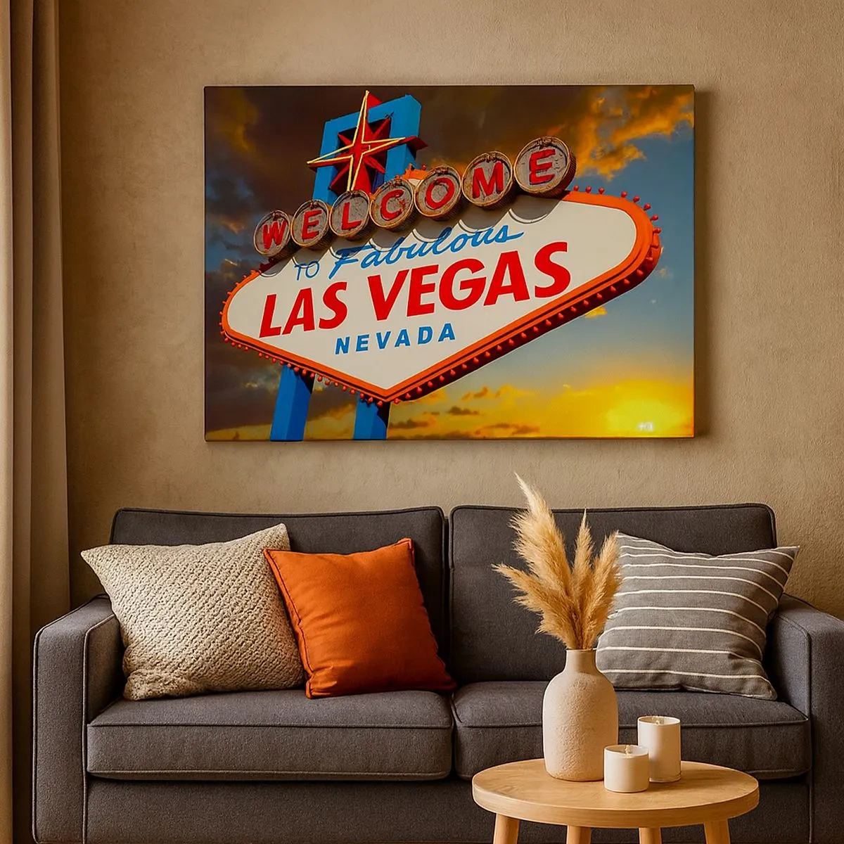 Quadro su tela - Stampe su Tela - Il famoso cartello Welcome to Fabulous Las Vegas al tramonto - 70x50cm - Cercando la fortuna - Decorazione murale moderna per soggiorno e camera da letto ARTTOR