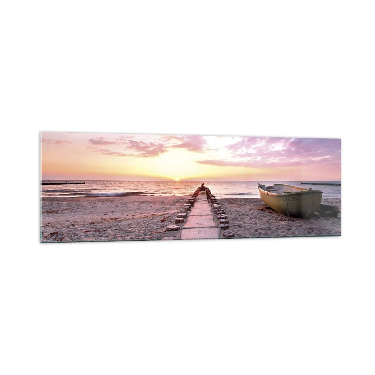 Quadro su vetro - Spiaggia all'alba con barca e molo - 160x50cm - Un momento profondo - Decorazione murale moderna per soggiorno e camera da letto ARTTOR