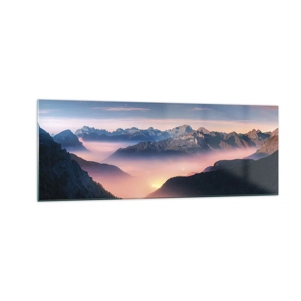 Quadro su vetro - Un paesaggio montano con una valle piena di nebbia - 140x50cm - La luce nelle valli - Decorazione murale moderna per soggiorno e camera da letto ARTTOR