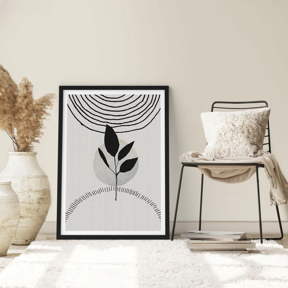 Poster in cornice nera - Illustrazione minimalista di foglie con motivi geometrici - 50x70cm - Composizione: i rituali della natura - Decorazione murale moderna per soggiorno e camera da letto ARTTOR