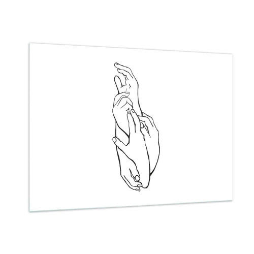 Quadro su vetro - Un sottile disegno lineare di mani giunte su uno sfondo bianco. - 100x70cm - Il tocco buono - Decorazione murale moderna per soggiorno e camera da letto ARTTOR