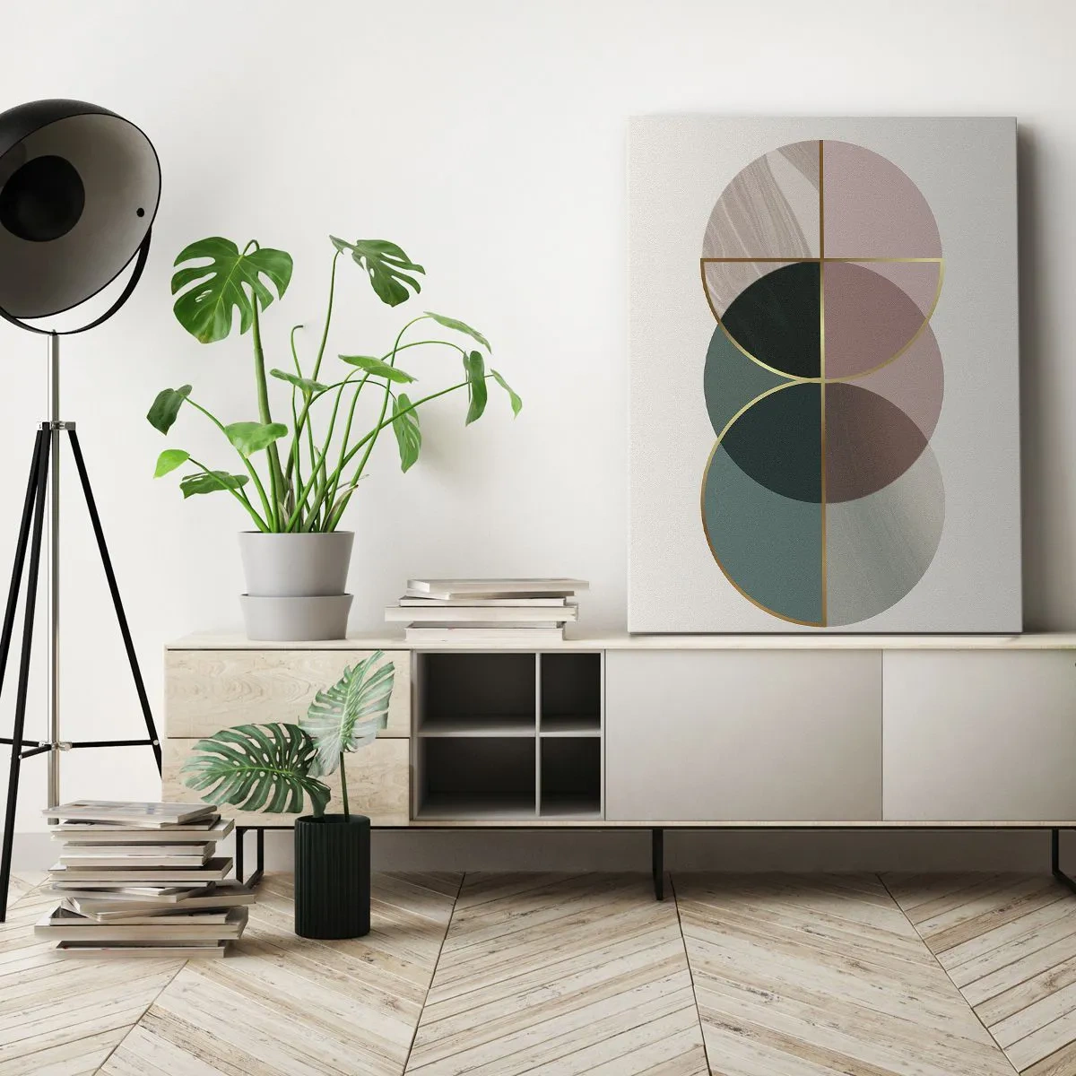 Quadro su tela - Stampe su Tela - Una composizione astratta di forme geometriche e linee dorate. - 80x120cm - Un cerchio dietro l'altro... - Decorazione murale moderna per soggiorno e camera da letto ARTTOR