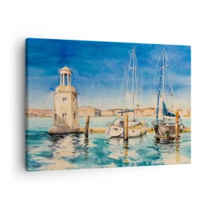 Quadro su tela - Stampe su Tela - Marina con barche sullo sfondo di una laguna blu - 70x50cm - La laguna assolata - Decorazione murale moderna per soggiorno e camera da letto ARTTOR