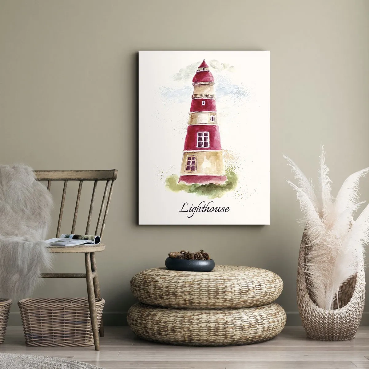 Quadro su tela - Stampe su Tela - Dipinto ad acquerello di un faro su sfondo chiaro con un'iscrizione - 50x70cm - Attorno è sempre bel tempo - Decorazione murale moderna per soggiorno e camera da letto ARTTOR