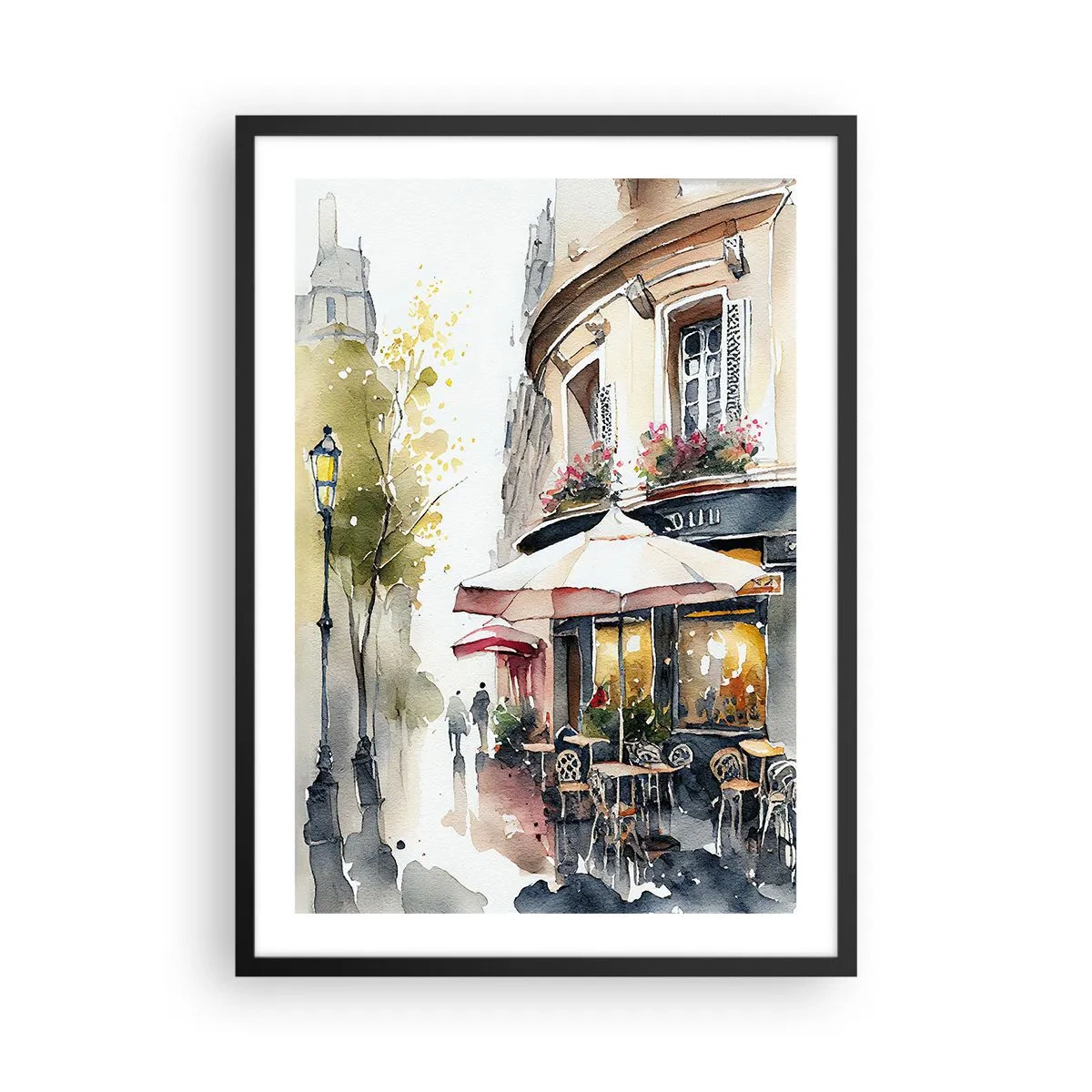 Poster in cornice nera - Un caffè in una pittoresca strada in stile europeo - 50x70cm - Mattina a Parigi - Decorazione murale moderna per soggiorno e camera da letto ARTTOR