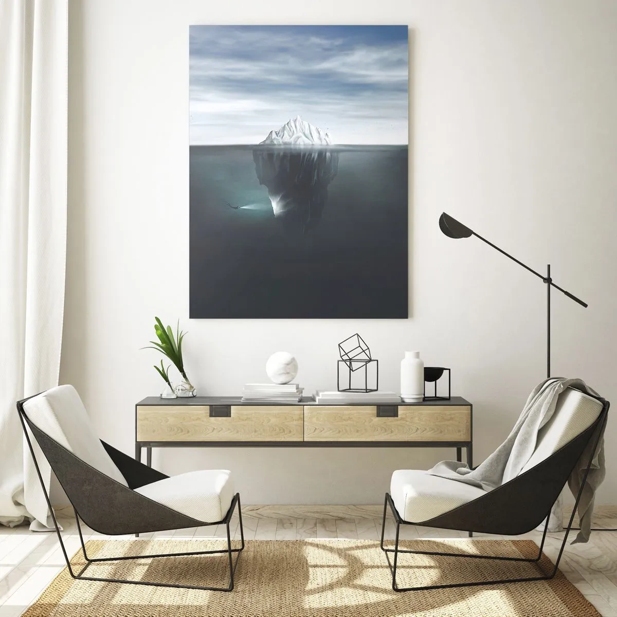 Quadro su vetro - Un iceberg in acqua con un sub e un riflettore sotto la superficie. - 70x100cm - Mistero sottomarino - Decorazione murale moderna per soggiorno e camera da letto ARTTOR