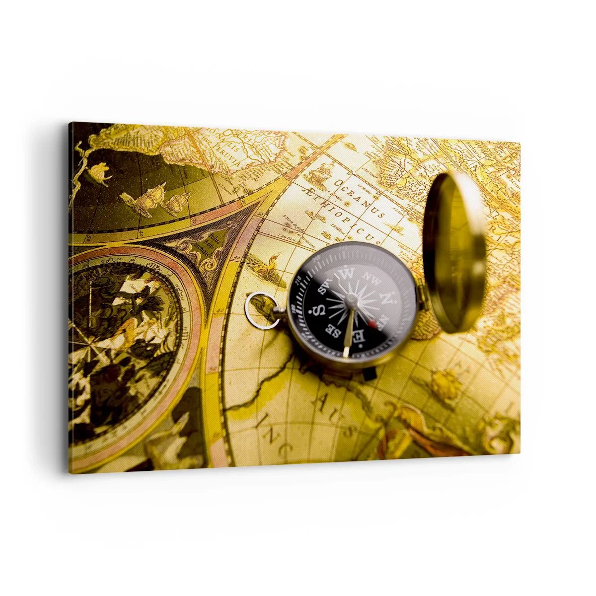 Quadro su tela - Stampe su Tela - Una bussola antica sullo sfondo di una vecchia mappa del mondo - 100x70cm - Forse all'estremità del mondo? - Decorazione murale moderna per soggiorno e camera da letto ARTTOR