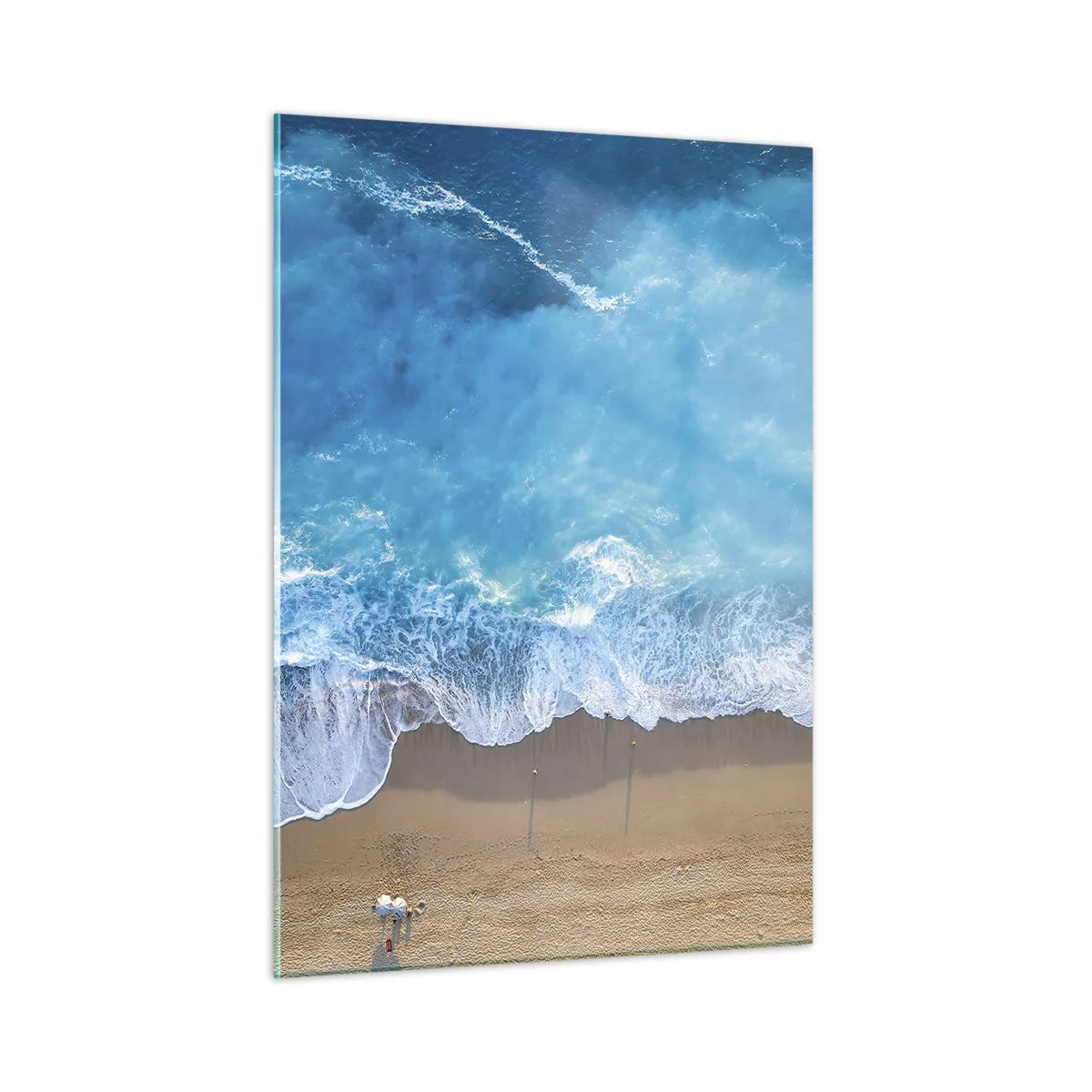 Quadro su vetro - Vista aerea della spiaggia e delle onde che si infrangono - 50x70cm - La forza del blu - Decorazione murale moderna per soggiorno e camera da letto ARTTOR