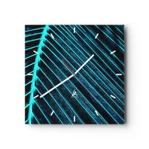Orologio da parete - Orologio in Vetro - Macrofotografia di una foglia nelle tonalità del turchese e del blu navy - 30x30cm - La struttura del verde - Decorazione murale moderna per soggiorno e camera da letto ARTTOR