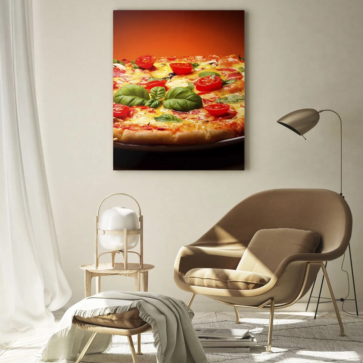 Quadro su vetro - Pizza con pomodori, basilico e formaggio fuso - 50x70cm - Mamma mia! - Decorazione murale moderna per soggiorno e camera da letto ARTTOR