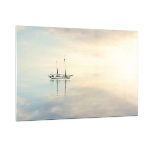 Quadro su vetro - Una barca a vela alla deriva su un mare calmo all'alba - 120x80cm - Silenzio in mare - Decorazione murale moderna per soggiorno e camera da letto ARTTOR