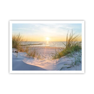 Poster - Una spiaggia sabbiosa con vista sul tramonto sul mare - 100x70cm - Rumore del mare, uccelli che cantano, spiaggia selvatica tra i cespugli... - Decorazione murale moderna per soggiorno e camera da letto ARTTOR
