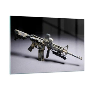 Quadro su vetro - Un fucile moderno su uno sfondo scuro con un accento industriale - 120x80cm - Sempre minaccioso - Decorazione murale moderna per soggiorno e camera da letto ARTTOR