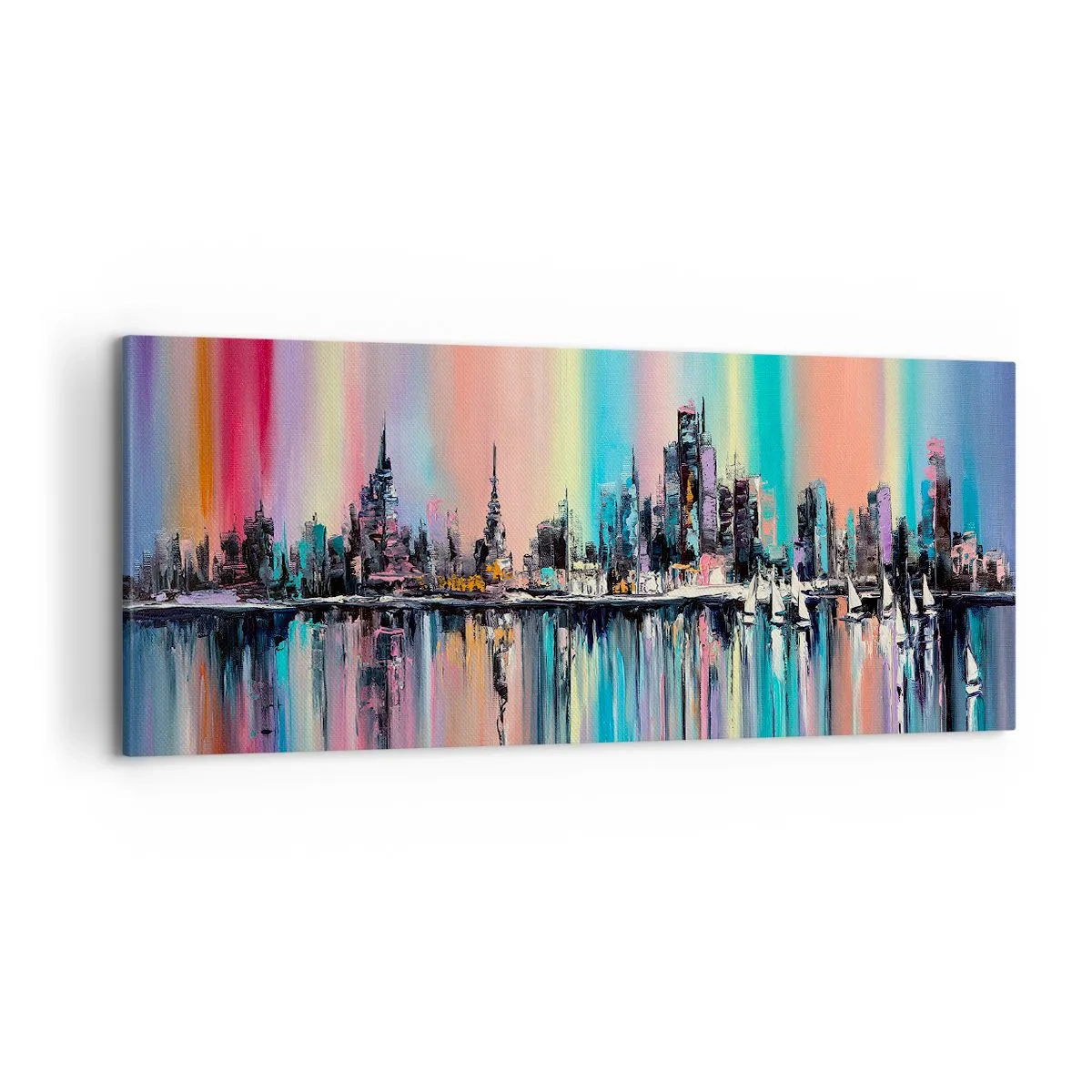 Quadro su tela - Stampe su Tela - Paesaggio urbano colorato con riflessi sull'acqua - 120x50cm - Fluttuare alle luci della notte - Decorazione murale moderna per soggiorno e camera da letto ARTTOR