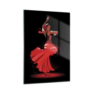Quadro su vetro - Ballerina di flamenco in abito rosso su sfondo nero - 50x70cm - Lo spirito focoso del flamenco - Decorazione murale moderna per soggiorno e camera da letto ARTTOR
