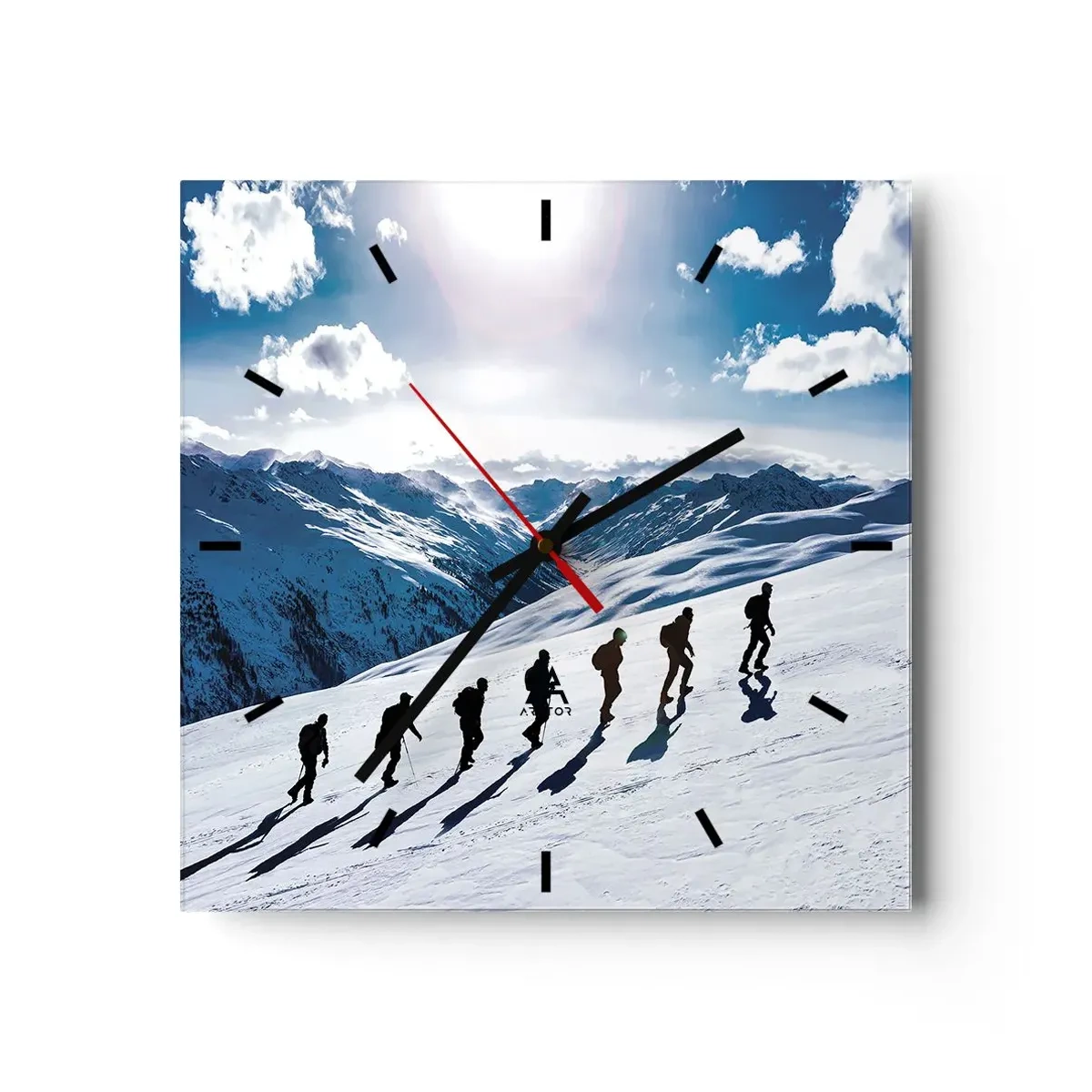 Orologio da parete - Orologio in Vetro - Un gruppo di alpinisti che scalano un pendio innevato - 30x30cm - La squadra dei conquistatori - Decorazione murale moderna per soggiorno e camera da letto ARTTOR