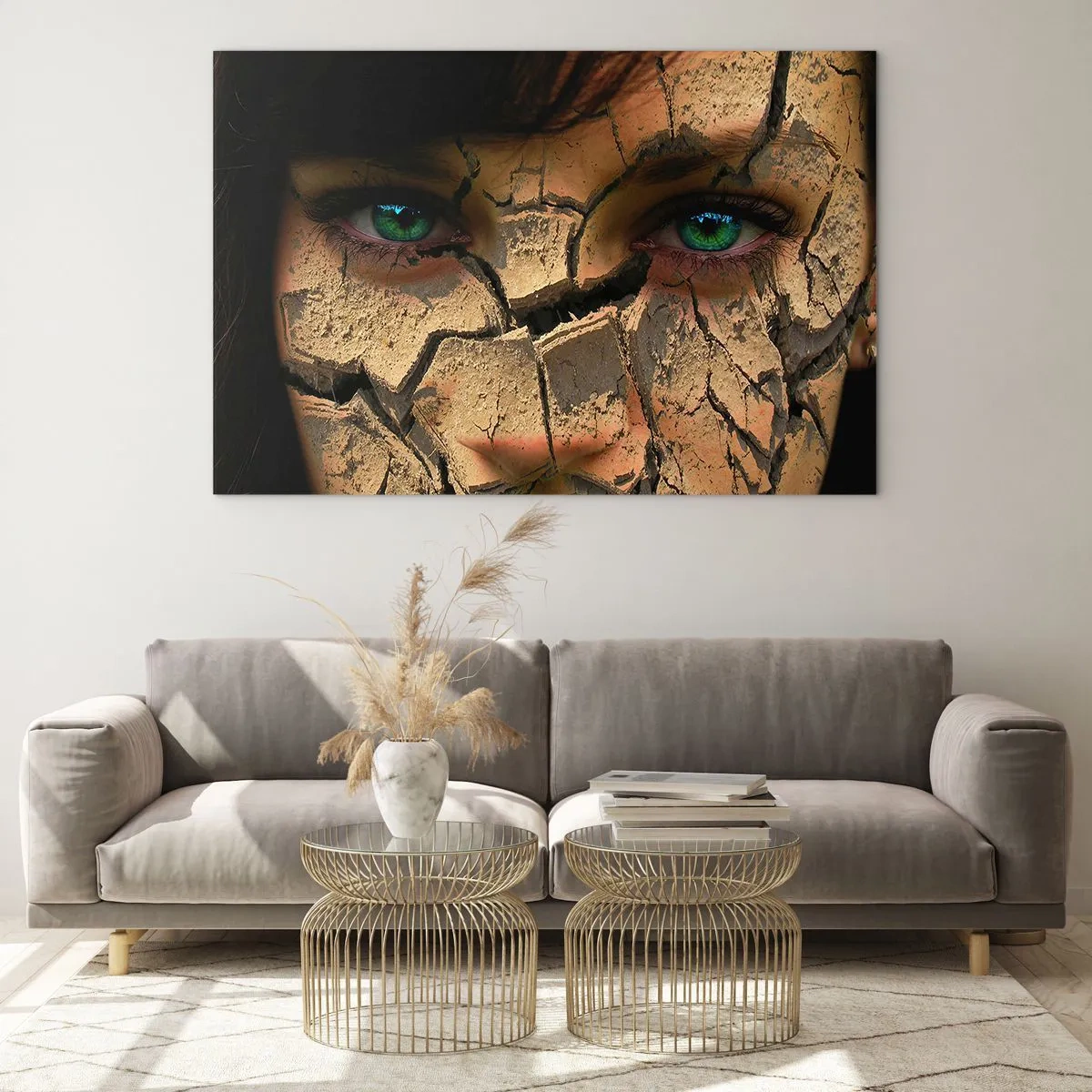 Quadro su vetro - Volto di donna con effetto terra screpolata - 120x80cm - Meraviglia e minaccia insieme - Decorazione murale moderna per soggiorno e camera da letto ARTTOR