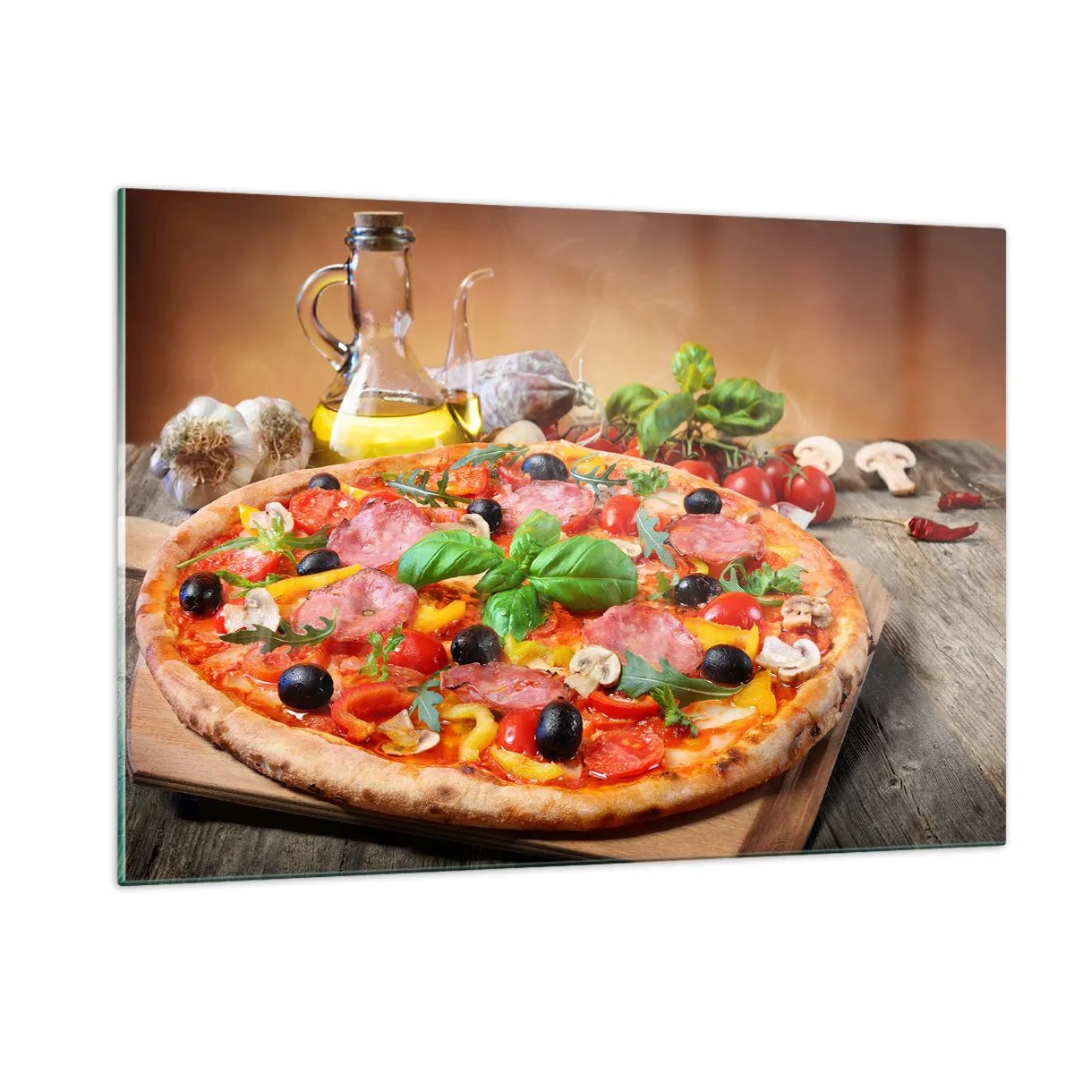 Quadro su vetro - Pizza con condimenti su un tavolo di legno con olio d'oliva e spezie - 120x80cm - Con gusto veramente italiano - Decorazione murale moderna per soggiorno e camera da letto ARTTOR