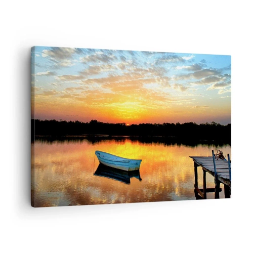 Quadro su tela - Stampe su Tela - Una barca su un lago calmo durante il tramonto - 70x50cm - Guarda, ascolta, medita - Decorazione murale moderna per soggiorno e camera da letto ARTTOR