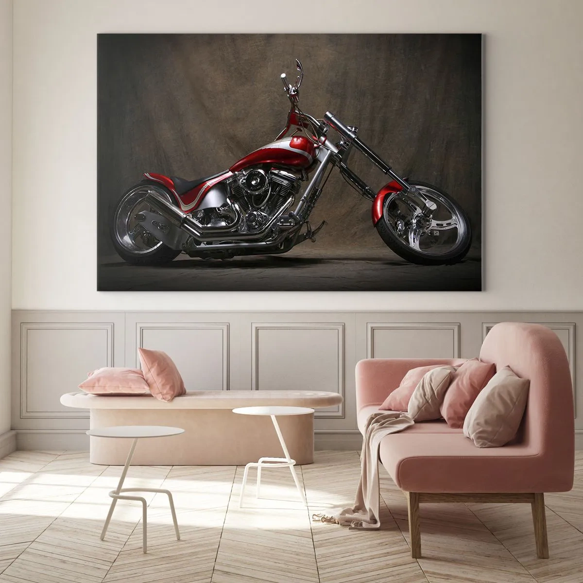 Quadro su vetro - Motocicletta personalizzata rossa su sfondo scuro - 70x50cm - Bellezza in rosso e argento - Decorazione murale moderna per soggiorno e camera da letto ARTTOR