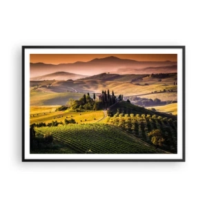 Poster in cornice nera - Paesaggio toscano con vigneti e una casa su una collina - 100x70cm - Arcadia: paesaggio toscano - Decorazione murale moderna per soggiorno e camera da letto ARTTOR