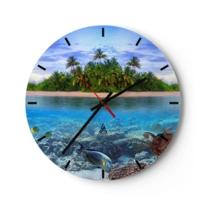 Orologio da parete - Orologio in Vetro - Un'isola esotica con palme e un mondo sottomarino - 30x30cm - L'isola del paradiso dà il benvenuto - Decorazione murale moderna per soggiorno, cucina e camera da letto ARTTOR