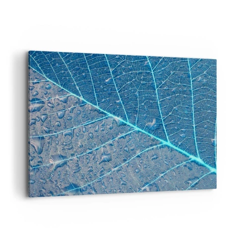 Quadro su tela - Stampe su Tela - Una foglia nei toni del blu con gocce d'acqua - 100x70cm - Vita nel blu - Decorazione murale moderna per soggiorno e camera da letto ARTTOR