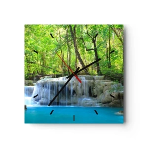 Orologio da parete - Orologio in Vetro - Una cascata tra alberi verdi con acqua blu in un ambiente naturale - 30x30cm - Annegare nel turchese e nel verde - Decorazione murale moderna per soggiorno e camera da letto ARTTOR