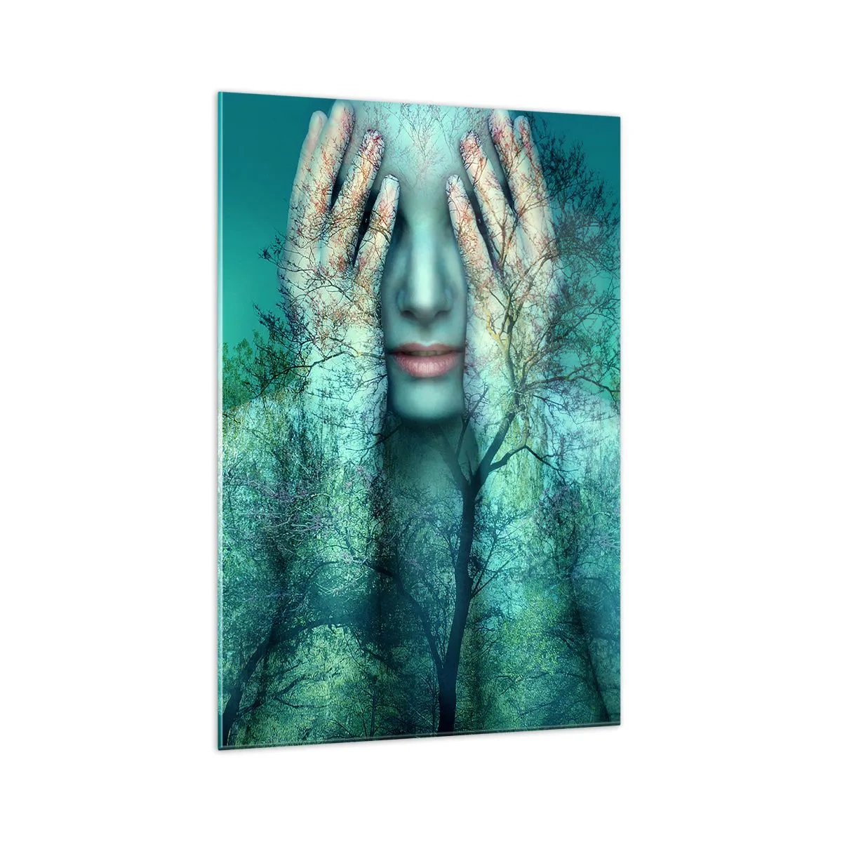 Quadro su vetro - Una figura femminile con un motivo ad albero su uno sfondo paesaggistico turchese - 70x100cm - Immersa nel blu - Decorazione murale moderna per soggiorno e camera da letto ARTTOR