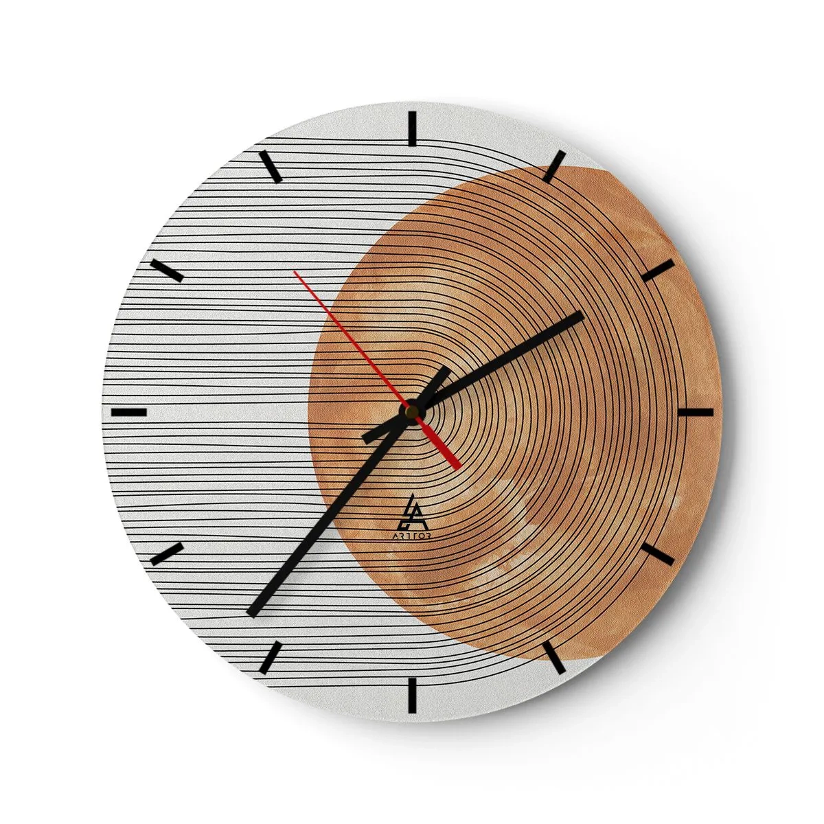 Orologio da parete - Orologio in Vetro - Legno e linee su sfondo chiaro in armonia geometrica - 30x30cm - Composizione solare - Decorazione murale moderna per soggiorno, cucina e camera da letto ARTTOR
