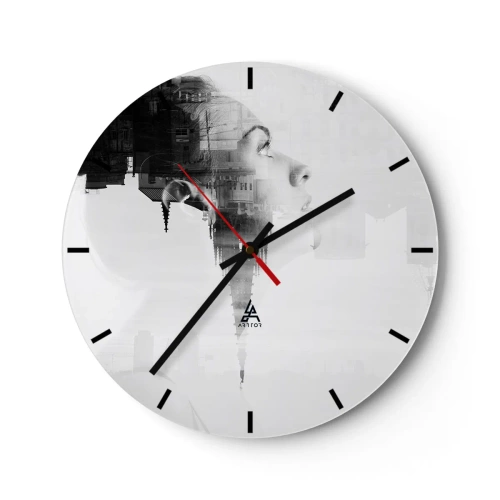 Orologio da parete - Orologio in Vetro - Ritratto di una donna in una composizione artistica con un motivo urbano sullo sfondo - 30x30cm - Sui due lati del vetro - Decorazione murale moderna per soggiorno, cucina e camera da letto ARTTOR