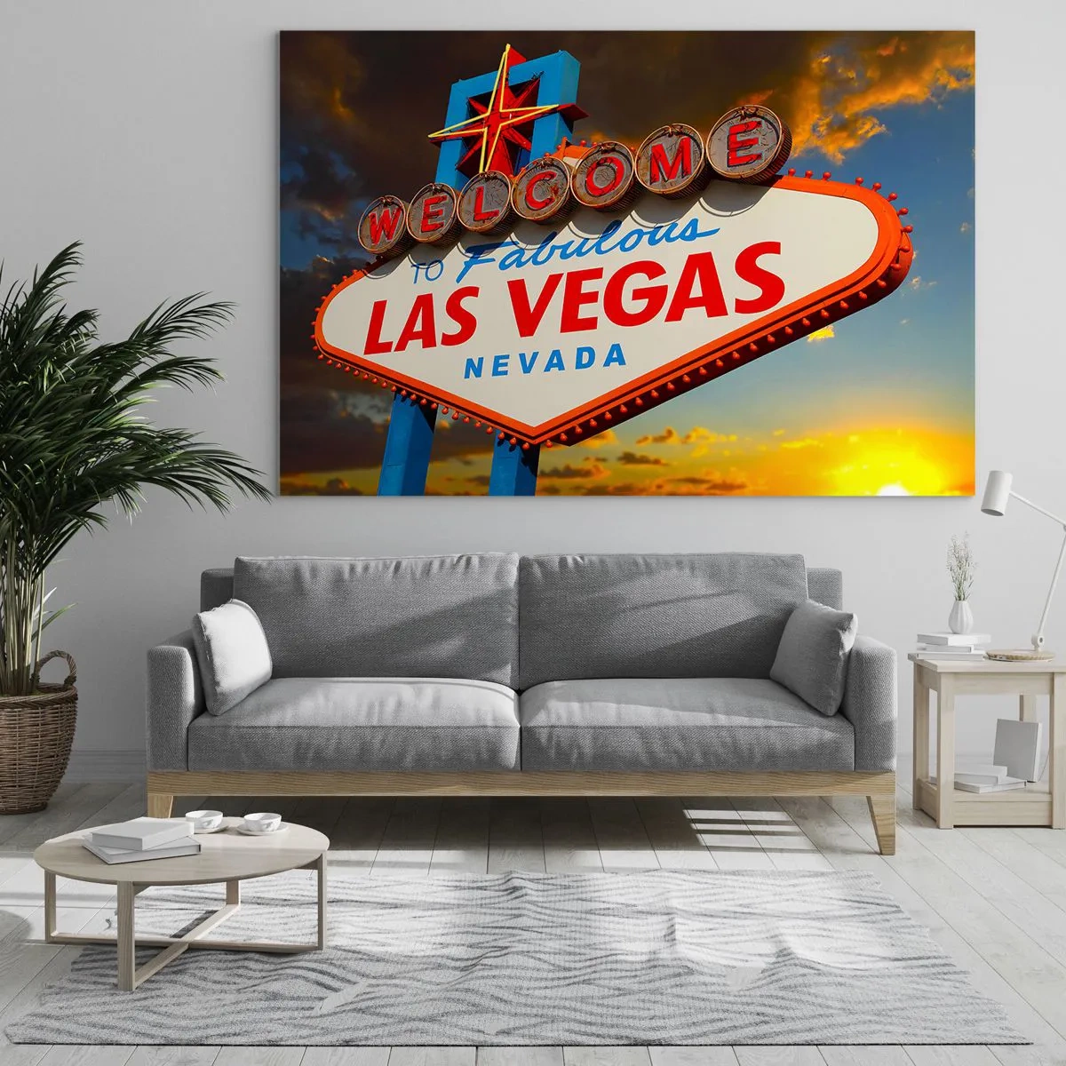 Quadro su vetro - Cartello di benvenuto di Las Vegas contro il sole al tramonto - 120x80cm - Cercando la fortuna - Decorazione murale moderna per soggiorno e camera da letto ARTTOR