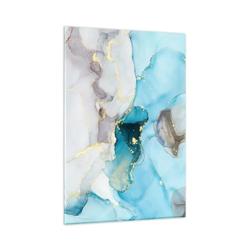 Quadro su vetro - Astrazione nei toni del blu e dell'oro con linee sottili - 80x120cm - Studio di incontro tra grigio e turchese - Decorazione murale moderna per soggiorno e camera da letto ARTTOR