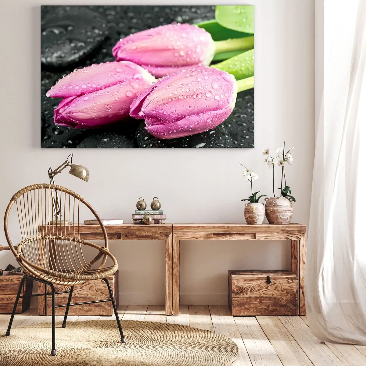 Quadro su tela - Stampe su Tela - Tre tulipani rosa con gocce d'acqua su sfondo nero - 70x50cm - Una terna lilla su pietra nera - Decorazione murale moderna per soggiorno e camera da letto ARTTOR